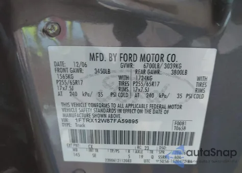 2007 Ford F-150 Stx/Xl/Xlt z USA, uszkodzony, nr VIN 1FTRX12W87FA59895